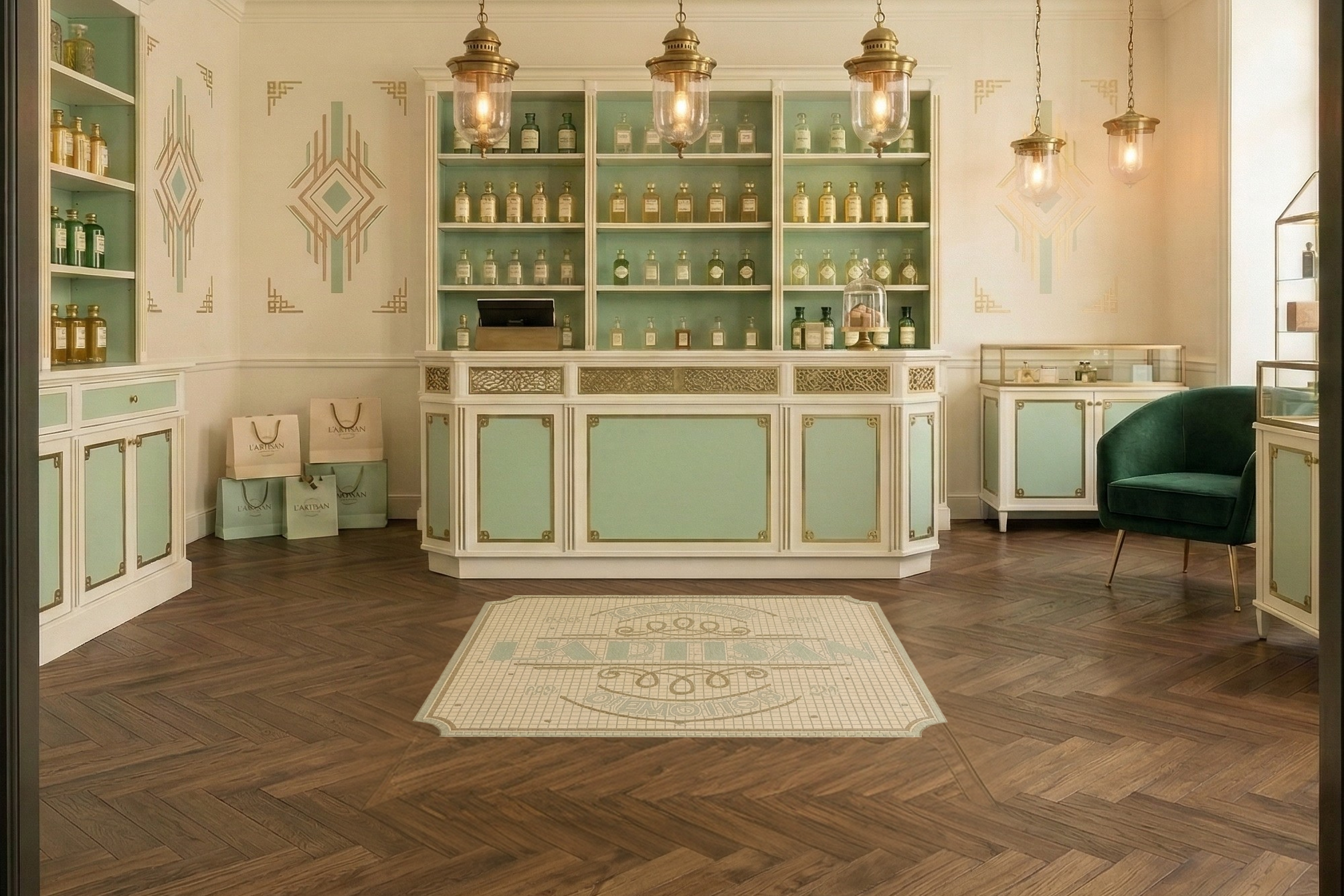 Tapis de mosaïque artisanale au sol d'une boutique de parfumerie artisanale · La FABMOZ Nantes