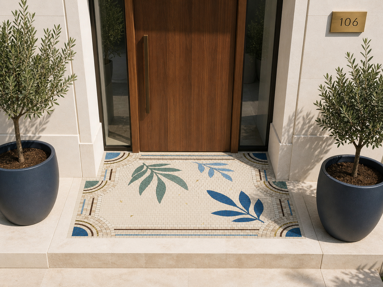 Tapis de mosaïque artisanale devant porte entrée extérieur · motifs feuilles bleu et vert · angle motif éventail · La FABMOZ Nantes