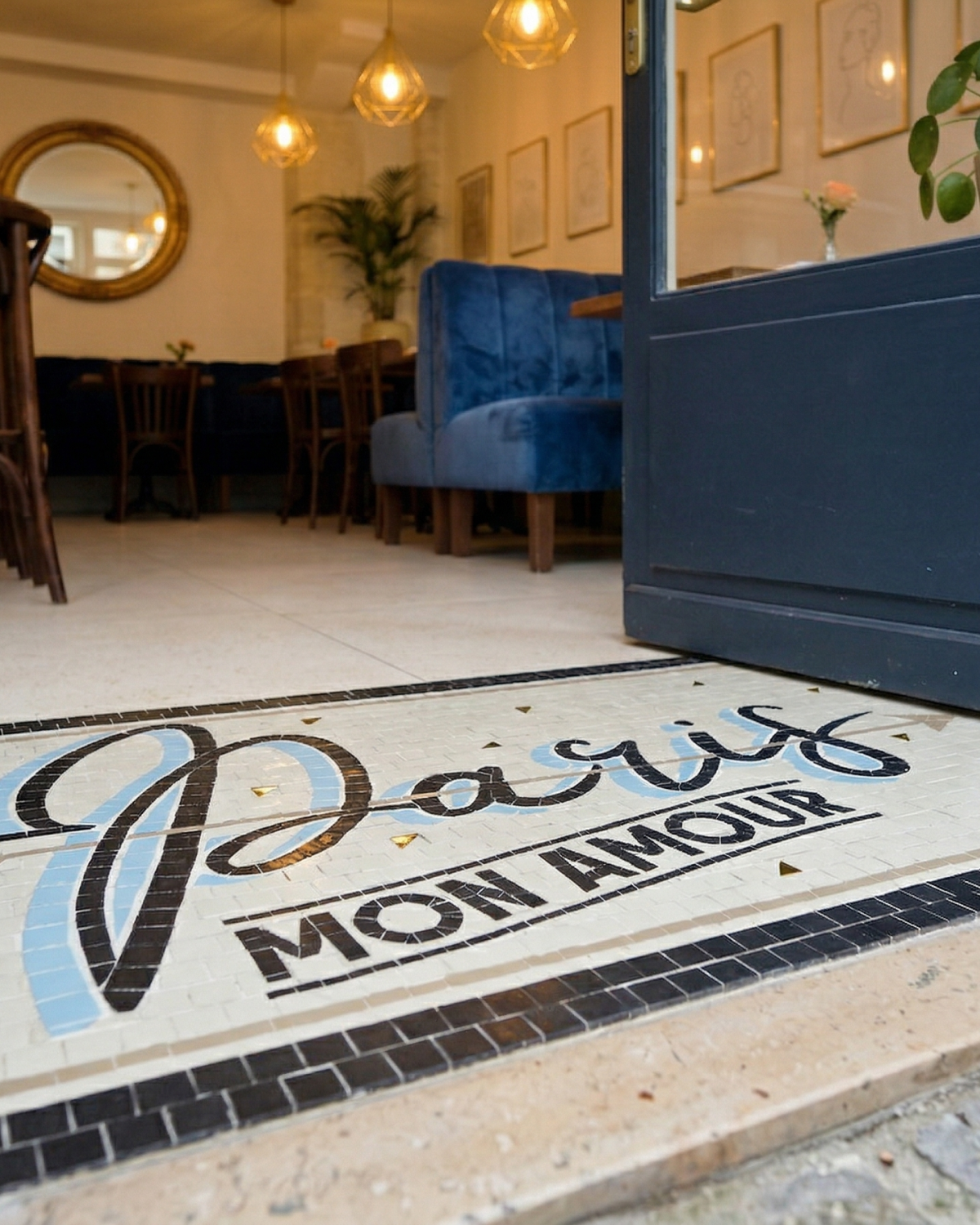 Tapis mosaïque artisanale lettrage Paris Mon Amour · vue en contre-plongée · tesselles noires bleues et dorées · entrée restaurant bistrot · La FABMOZ Nantes