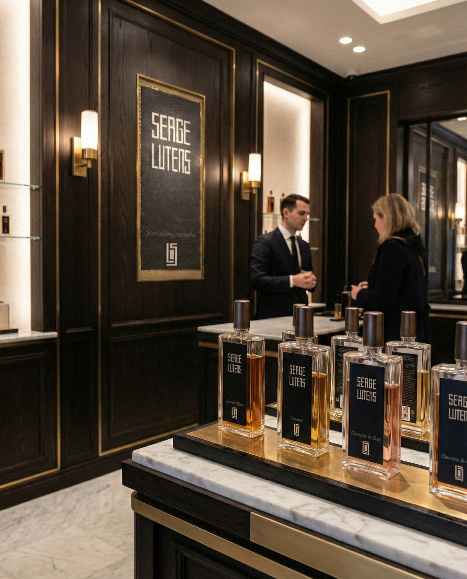 Panneau mosaïque mural vertical lettrage Serge Lutens Santal majuscule · tesselles noir · bordure tesselle dorée · boutique Paris · La FABMOZ