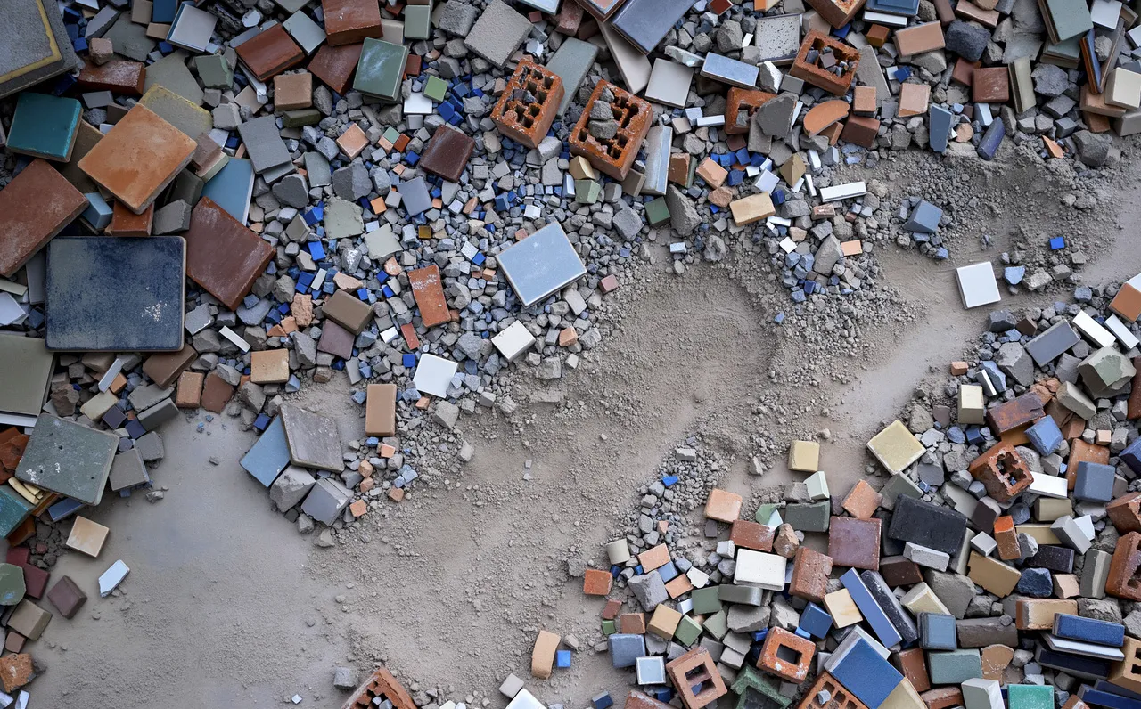 Déchets de chantier · carreaux de carrelage et briques en vrac · matériaux du bâtiment à recycler · source matière MATMOZ · La FABMOZ Nantes